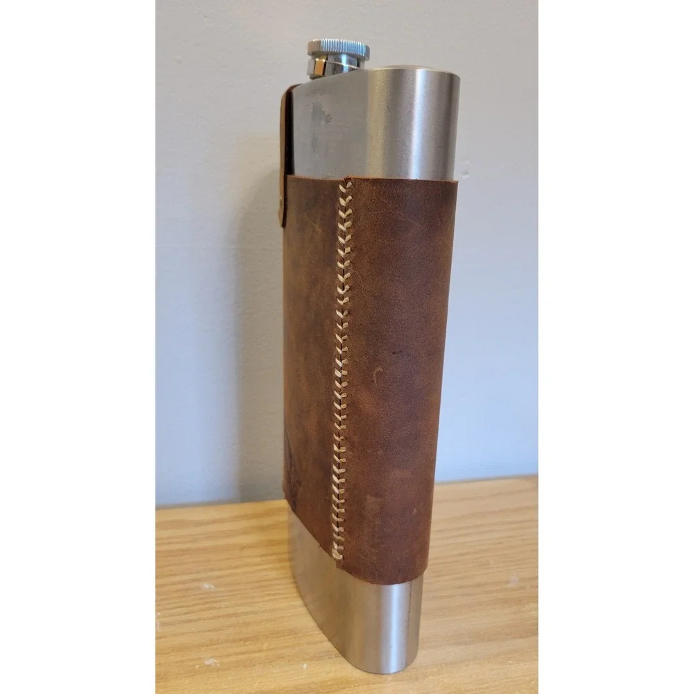 Giant 64oz Stainless Steel Flask with Removable Leather Wrap Saw Embossed Brown